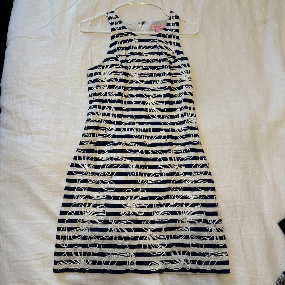Lilly Pulitzer Striped Jeweled Pearl Dress Navy Blue White Size 02